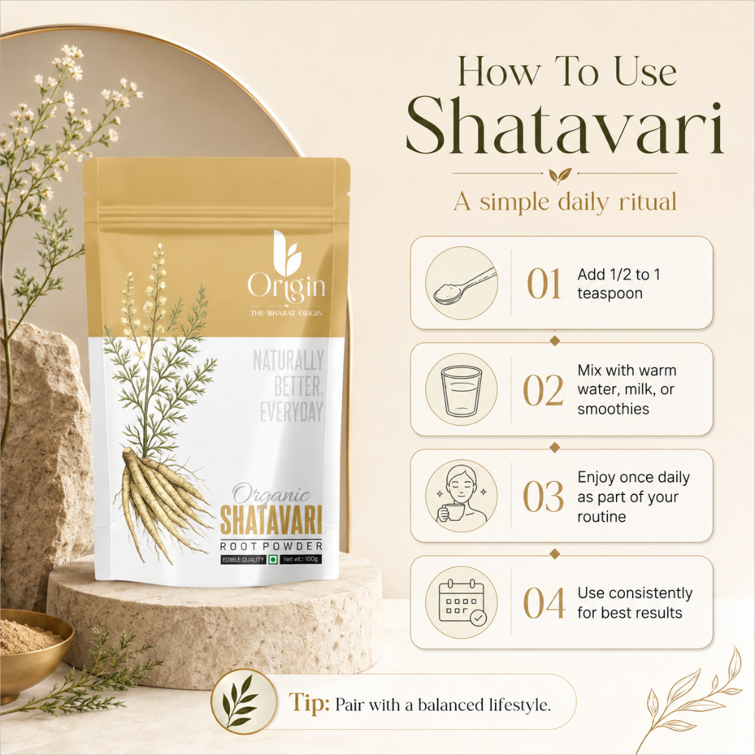 Organic herbal powder from The Bharat Origin, showing finely ground Shatavari root powder in a clear container.