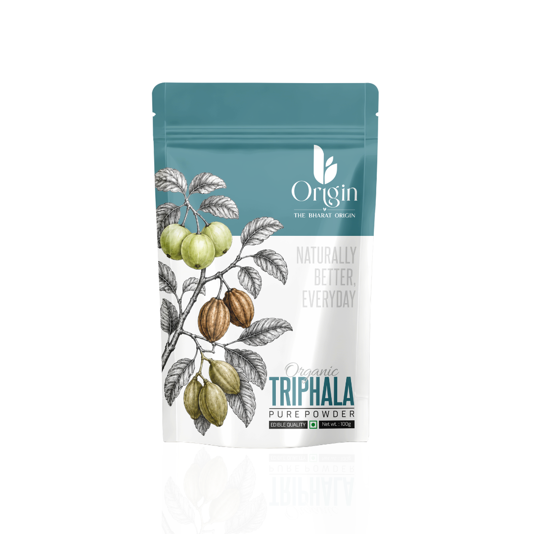 Organic Triphala Powder by The Bharat Origin, herbal digestive wellness supplement in a 100g package.