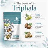 Organic Triphala powder by The Bharat Origin, 100g herbal supplement for digestive wellness, shown in a clear packaging image.