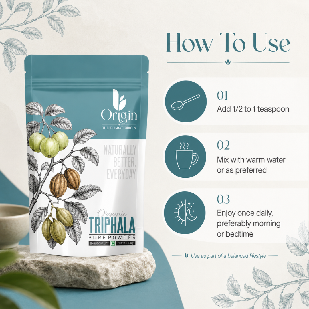 Organic herbal Triphala powder by The Bharat Origin, 100g, shown in a clear container for digestive wellness.