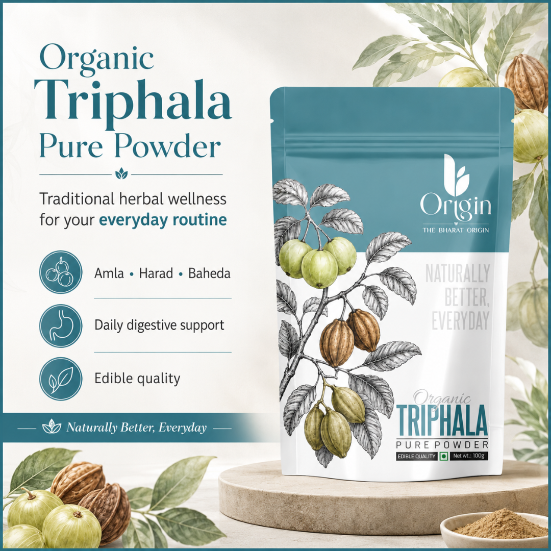 Organic Triphala powder by The Bharat Origin, herbal digestive wellness supplement in a 100g pack.